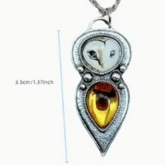 Boho Owl Necklace with Yellow Glass Pendant - Antique Silver-Plated Alloy - Picture 5 of 11
